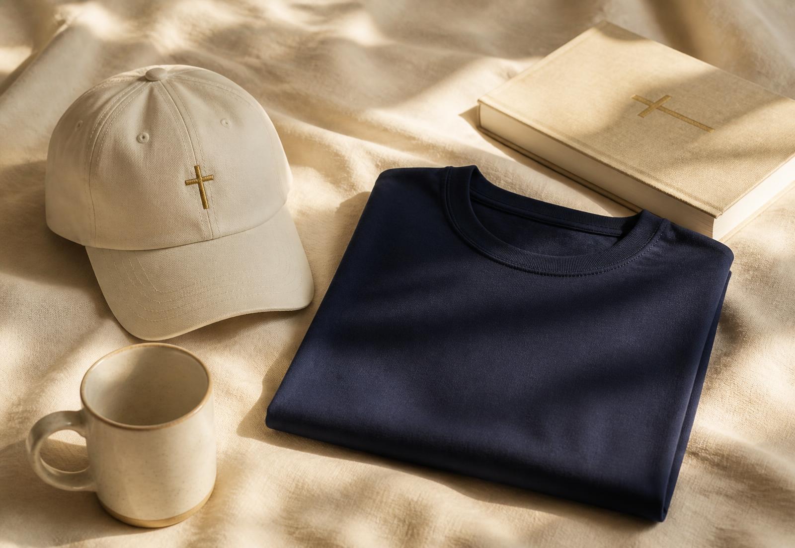 Navy t-shirt, cream cap, hardcover book and ceramic mug arranged on warm linen